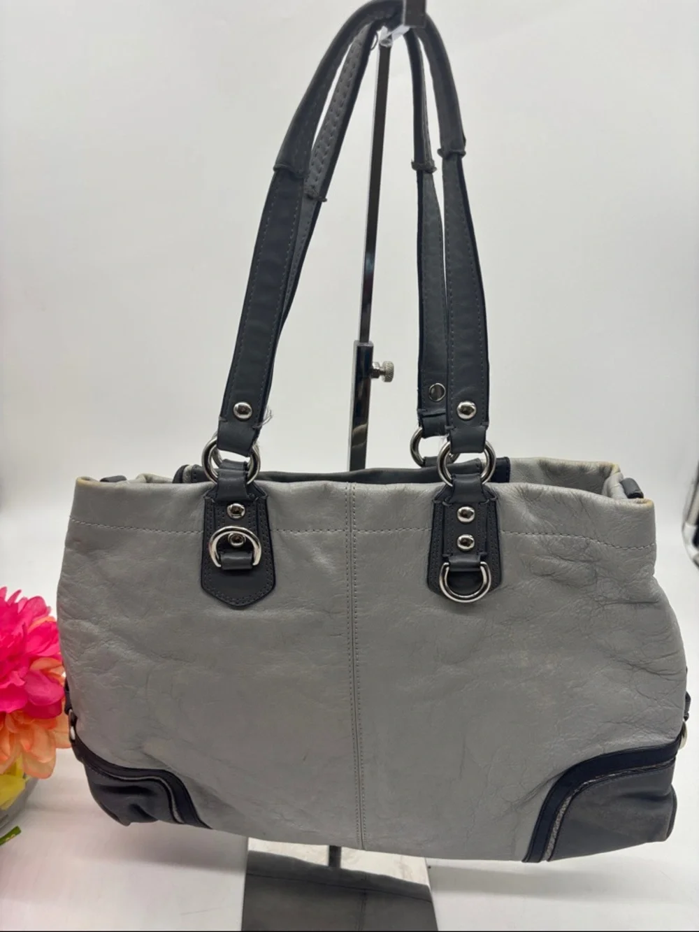 Coach Gray and Black Leather Shoulder Bag As In Condition CP10048